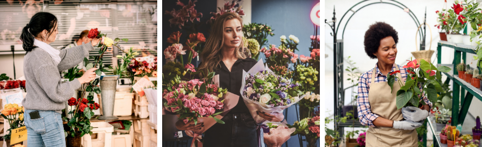 Florists creating custom floral arrangements and caring for flowers in their shops.
