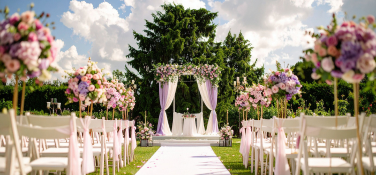 Garden wedding venue featuring an outdoor ceremony space with floral arrangements and seating