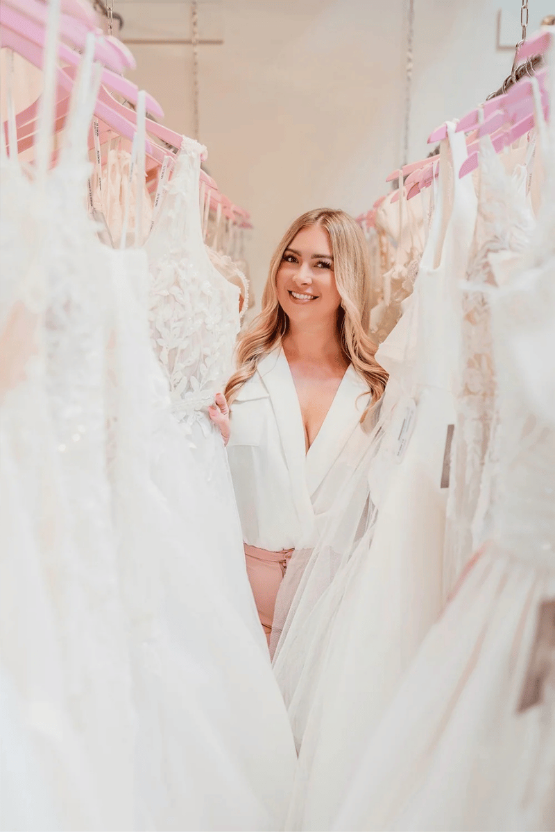 bridal boutique seo case study featuring boutique owner surrounded by wedding dresses in bridal shop
